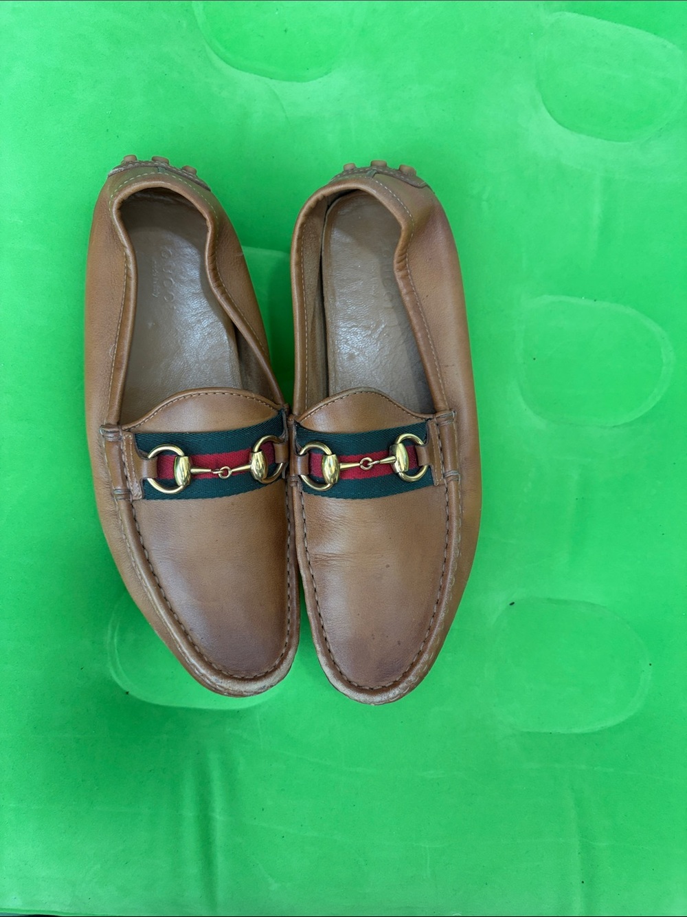 Gucci Brown Leather Horsebit Loafers with Red and Green Web